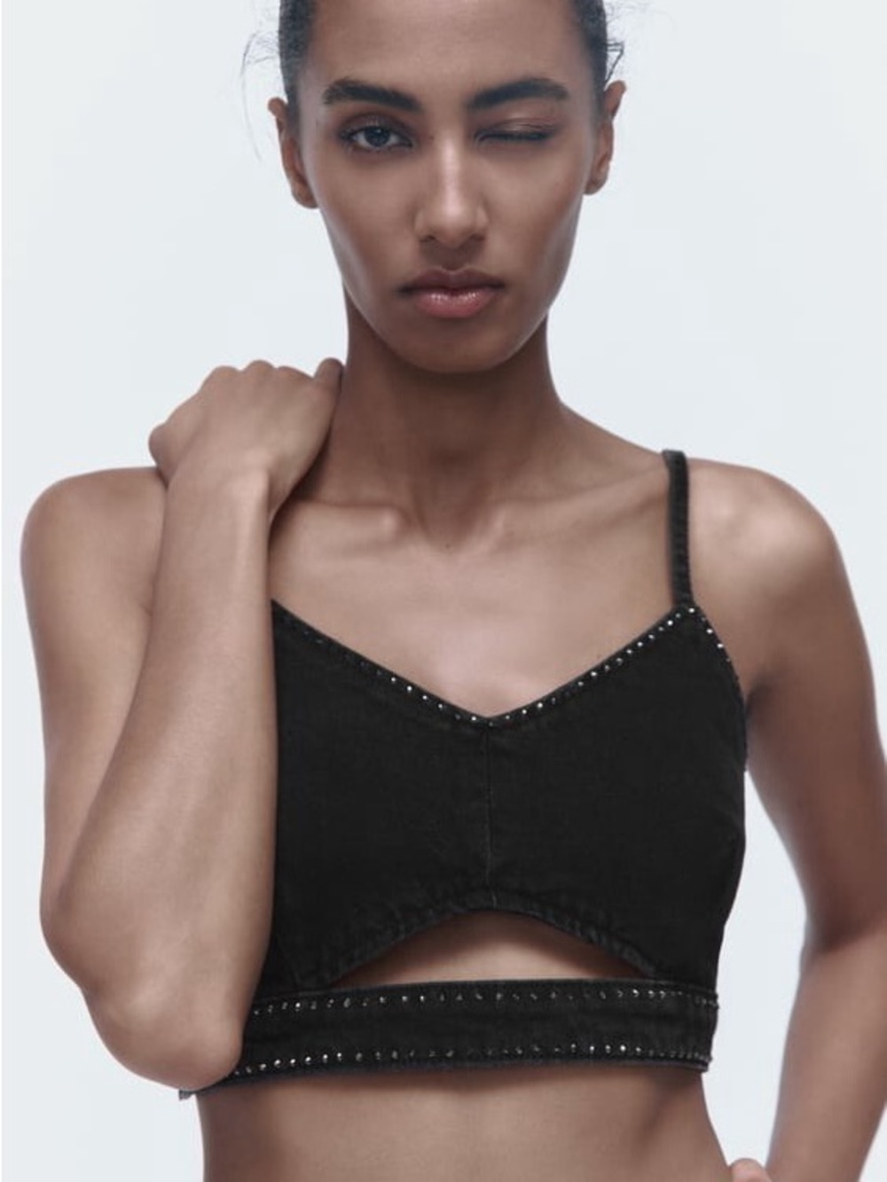 Zara Black Denim Studded Cutout Crop Top